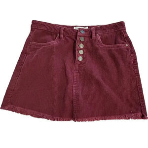 Indigo Rein Corduroy Button Fly Mini Skirt Size 7 27" Waist Wine Fall Frayed Hem